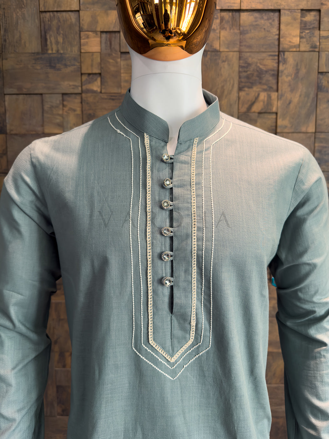 Dusty Slate Blue Cotton Kurta with Embroidered Placket &amp; Crystal Buttons