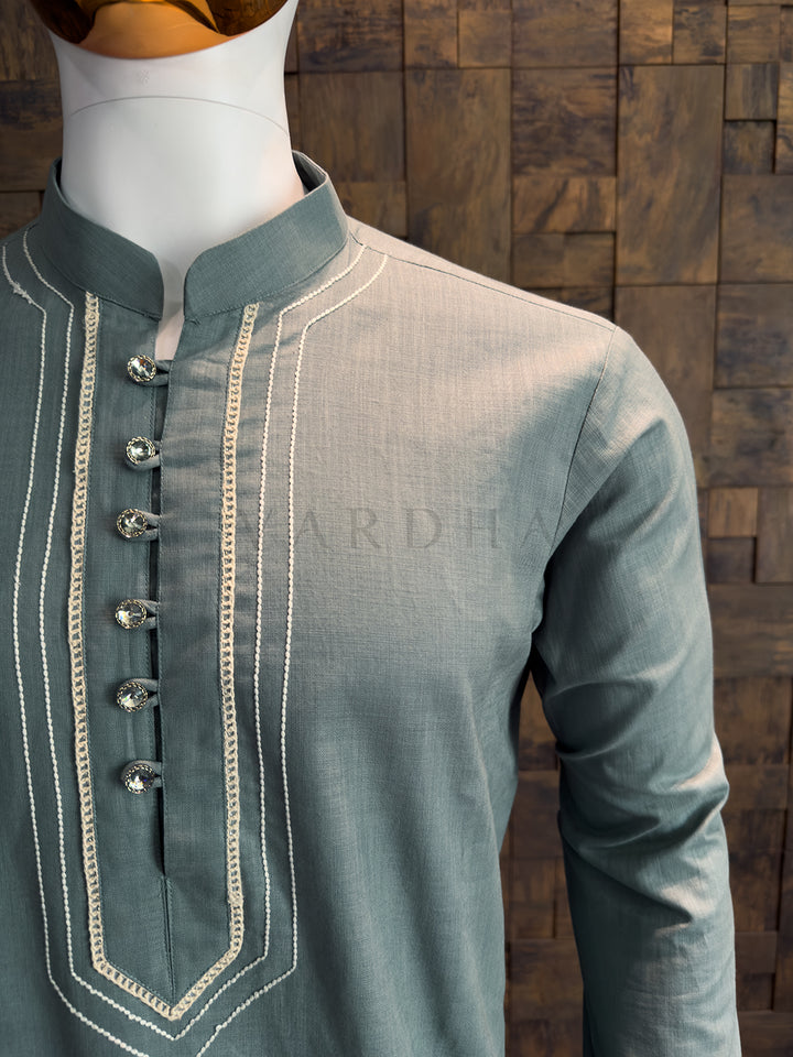 Dusty Slate Blue Cotton Kurta with Embroidered Placket &amp; Crystal Buttons