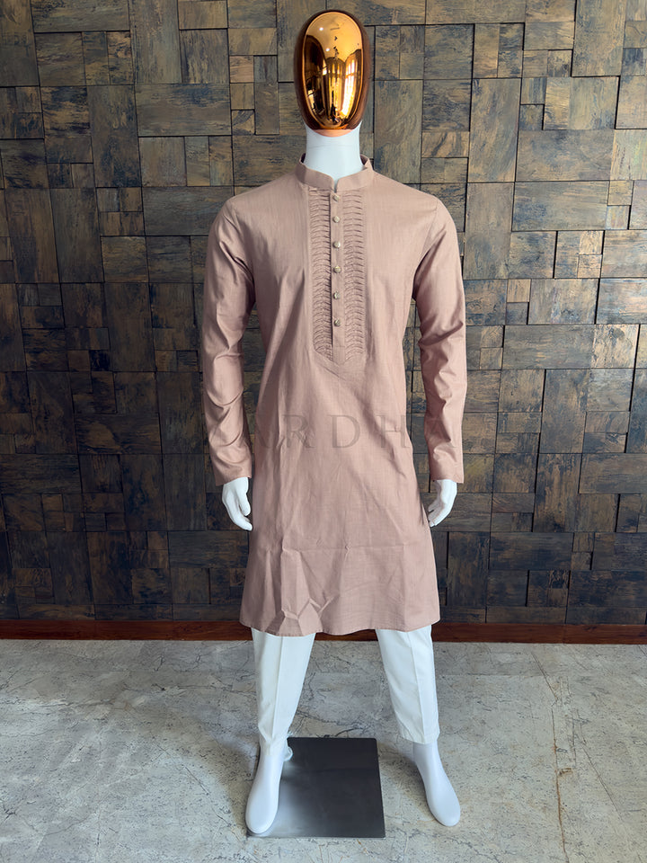 Light Brown Cotton Kurta with Intricate Tucked Placket