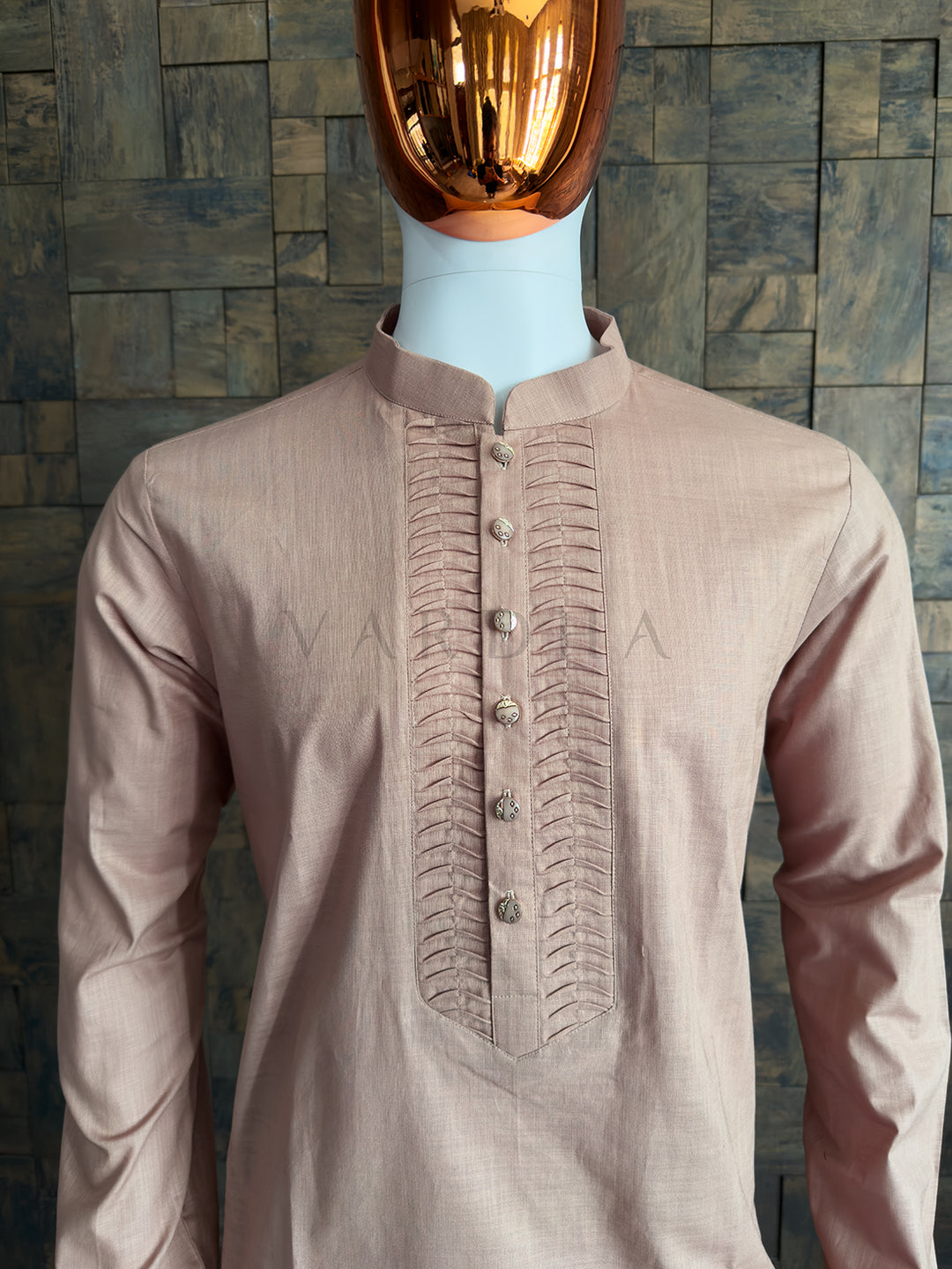 Light Brown Cotton Kurta with Intricate Tucked Placket