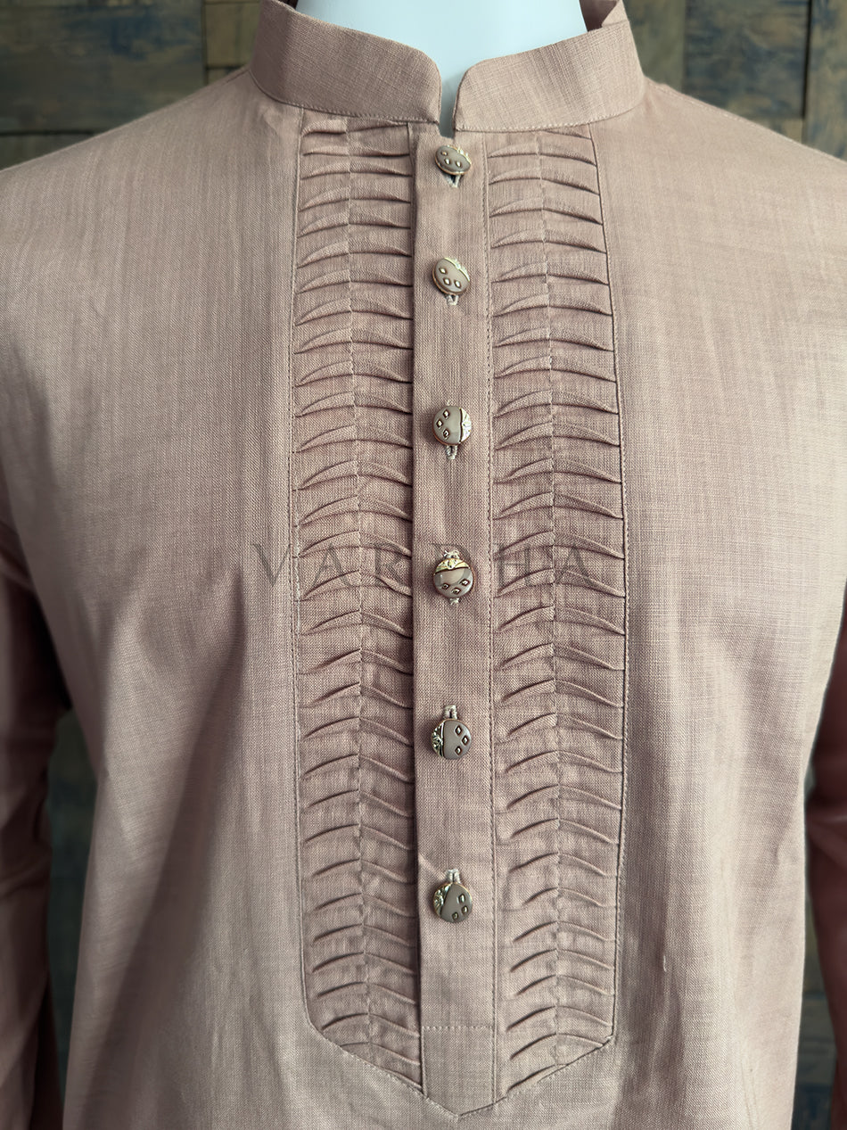 Light Brown Cotton Kurta with Intricate Tucked Placket