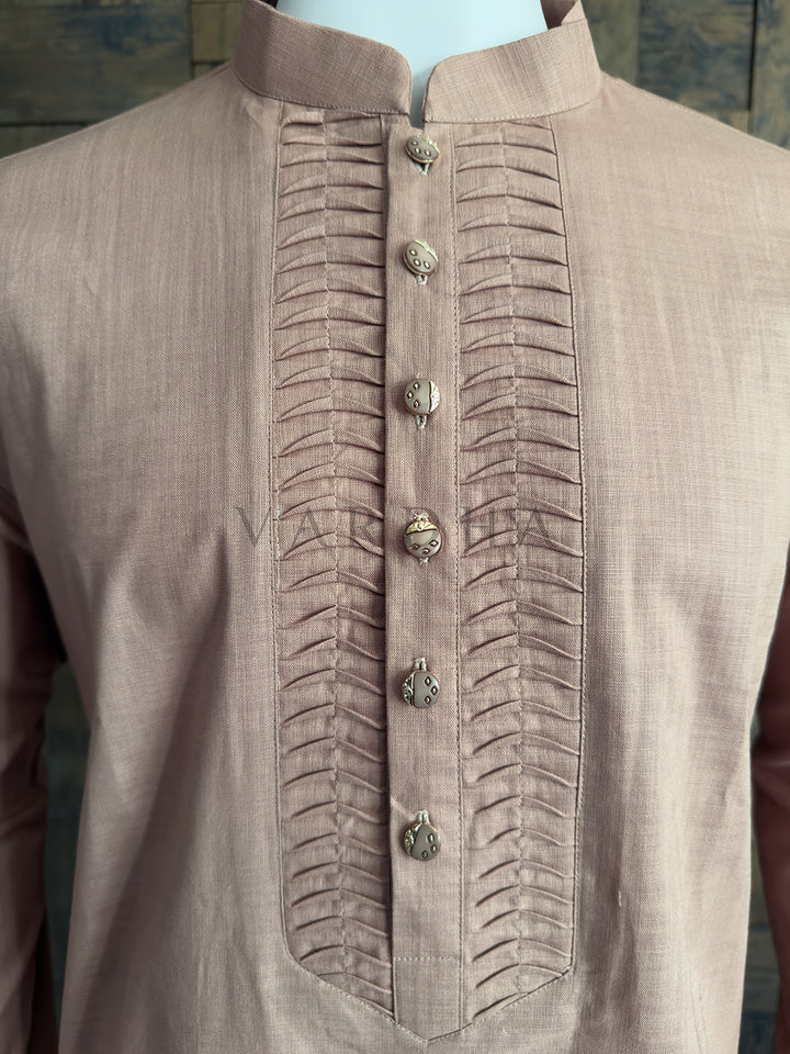 Light Brown Cotton Kurta with Intricate Tucked Placket