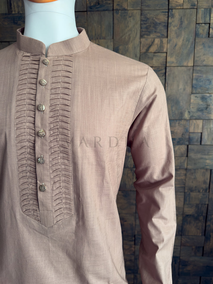 Light Brown Cotton Kurta with Intricate Tucked Placket