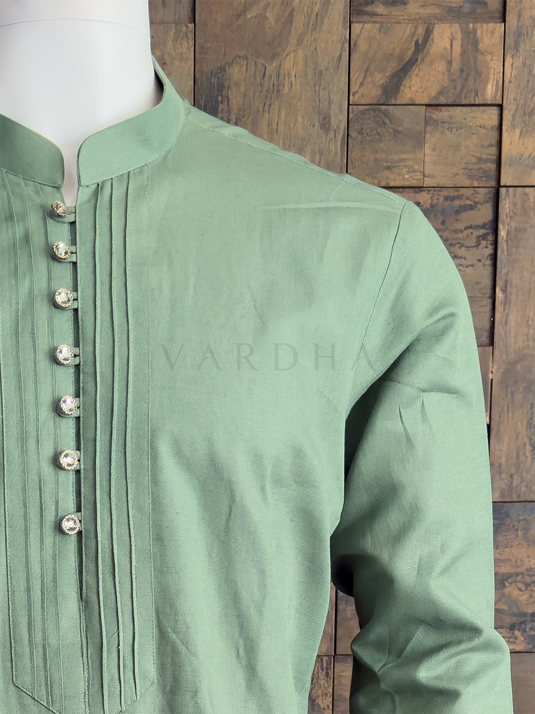 Sage Green Cotton Kurta with Tailored Pintuck Placket &amp; Crystal Buttons