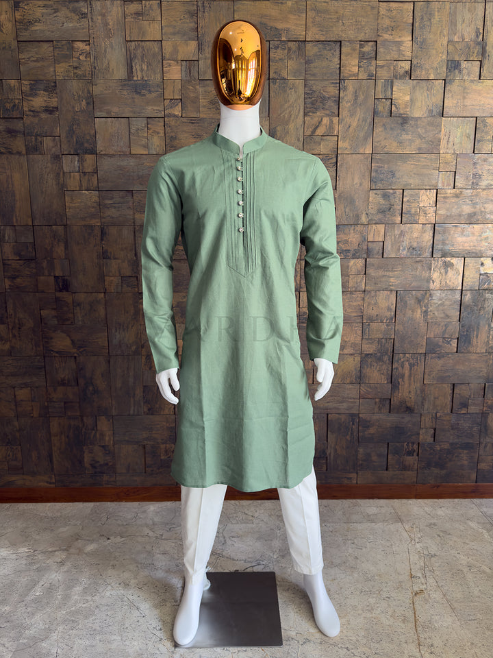 Sage Green Cotton Kurta with Tailored Pintuck Placket &amp; Crystal Buttons