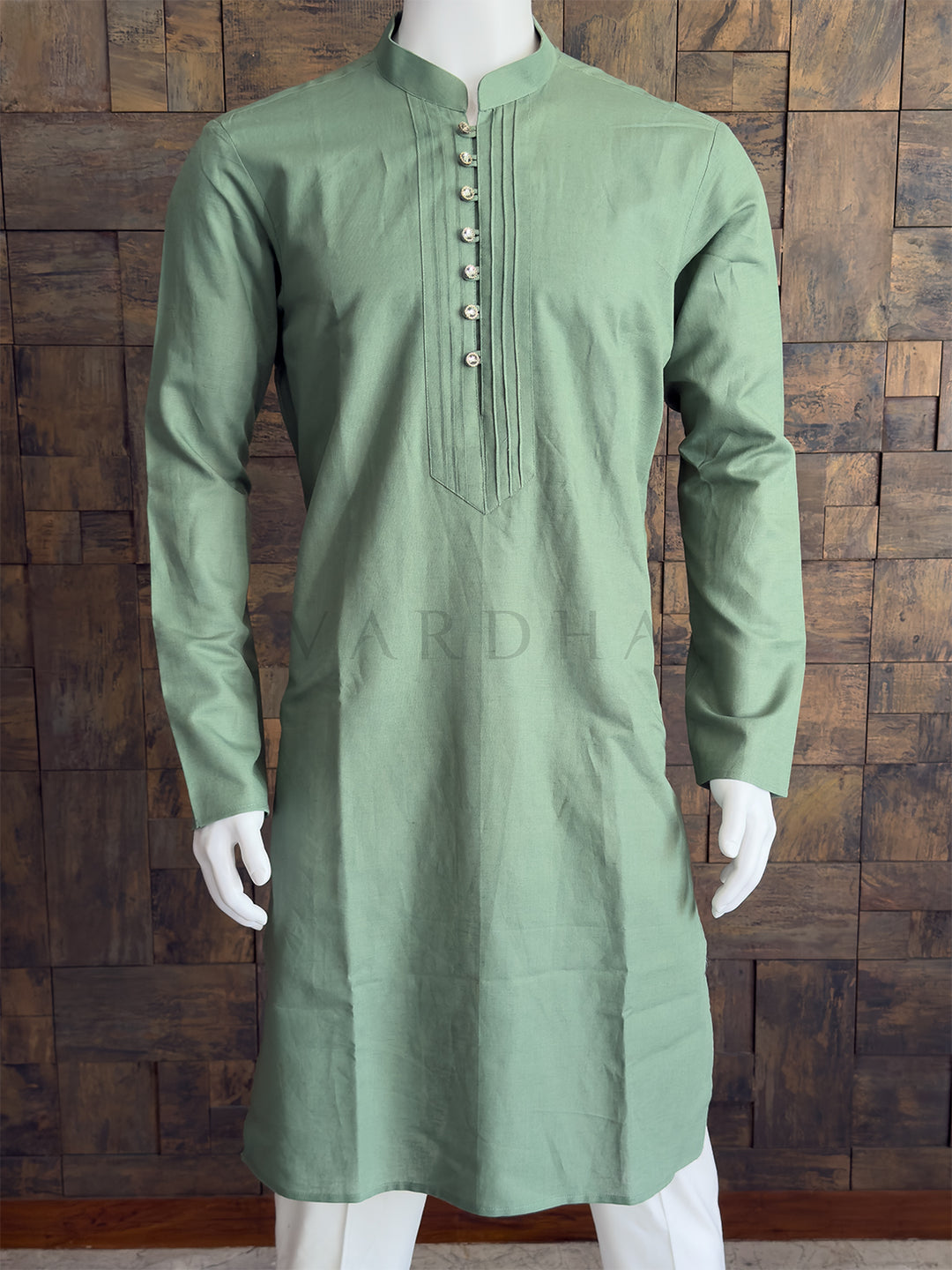 Sage Green Cotton Kurta with Tailored Pintuck Placket &amp; Crystal Buttons