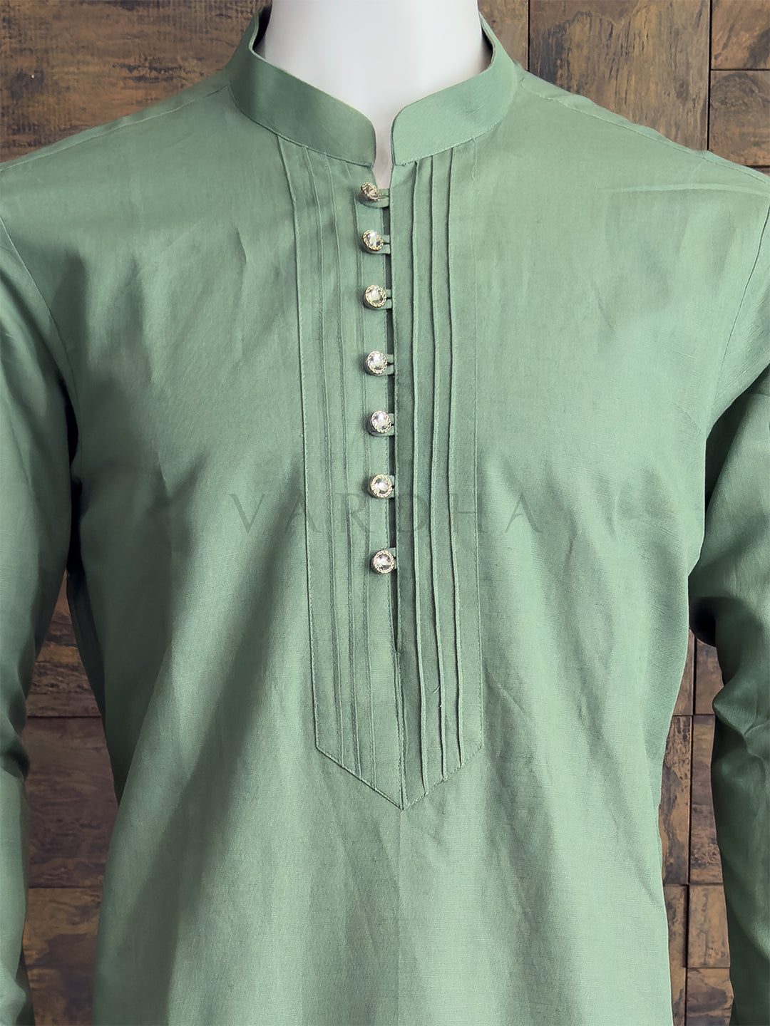 Sage Green Cotton Kurta with Tailored Pintuck Placket &amp; Crystal Buttons