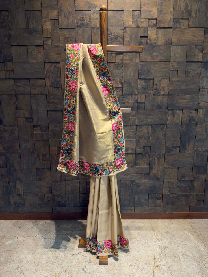 Chikoo Tissue Kanjivaram Silk Saree with Parsi Gara Embroidery