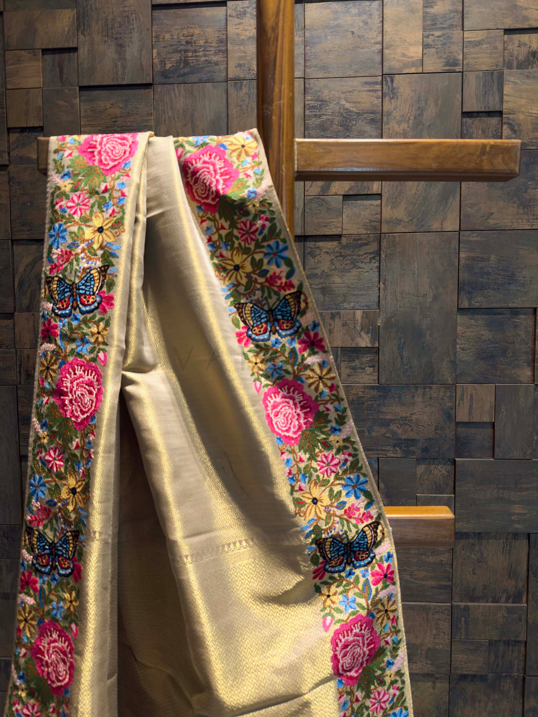 Chikoo Tissue Kanjivaram Silk Saree with Parsi Gara Embroidery