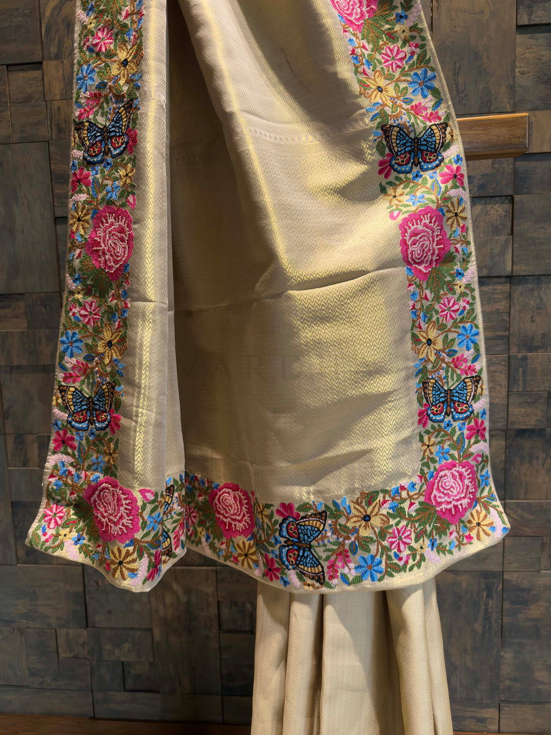 Chikoo Tissue Kanjivaram Silk Saree with Parsi Gara Embroidery