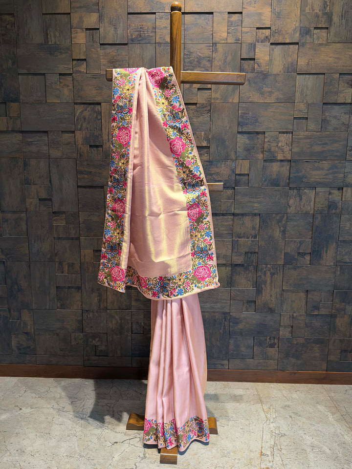 Pink Tissue Kanjivaram Silk Saree with Parsi Gara Embroidery