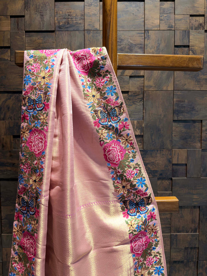 Pink Tissue Kanjivaram Silk Saree with Parsi Gara Embroidery