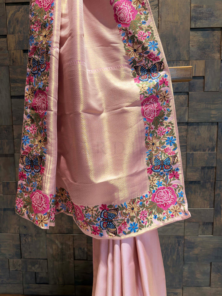 Pink Tissue Kanjivaram Silk Saree with Parsi Gara Embroidery