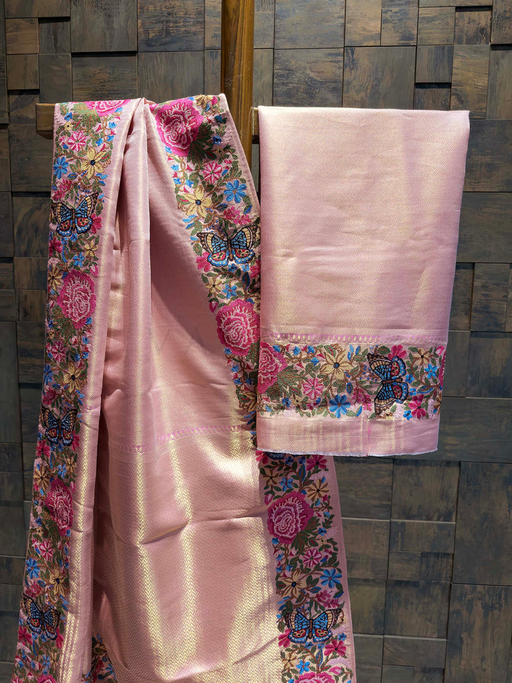 Pink Tissue Kanjivaram Silk Saree with Parsi Gara Embroidery