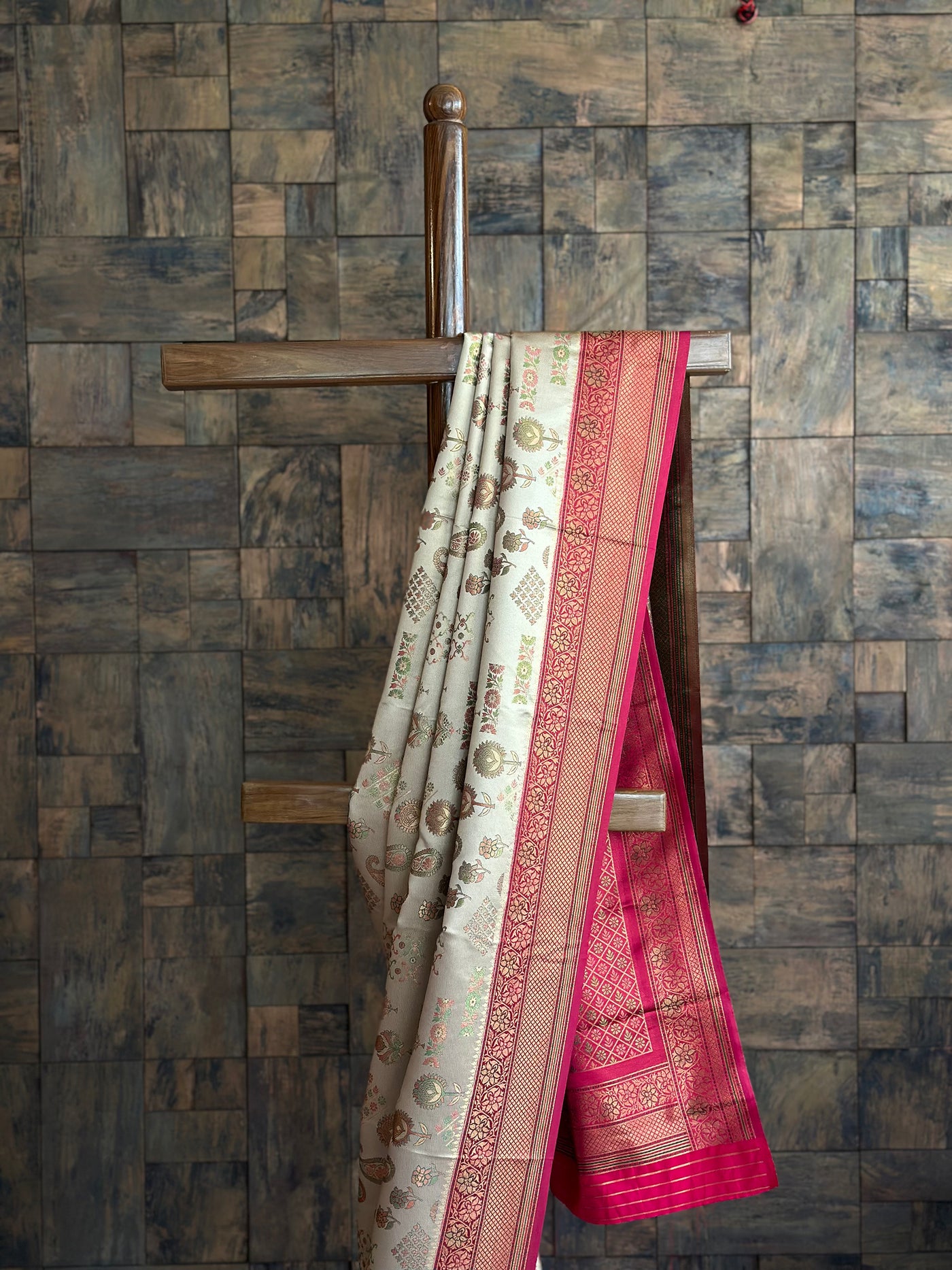 Cream Wine Woven Kalamkari Art Silk Saree with Zari Work