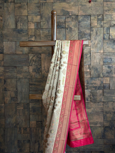 Cream Wine Woven Kalamkari Art Silk Saree with Zari Work