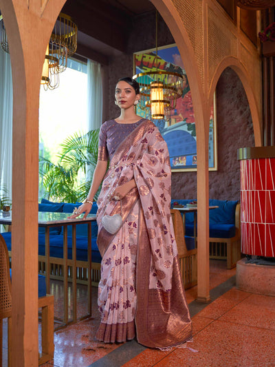 Pink Shimmer Organza Saree with Copper Zari Weaving and Contrast Border, featuring an Exquisite Floral Jangla Design—a perfect blend of Traditional Craftsmanship and Modern Elegance for Festive Occasions. 
