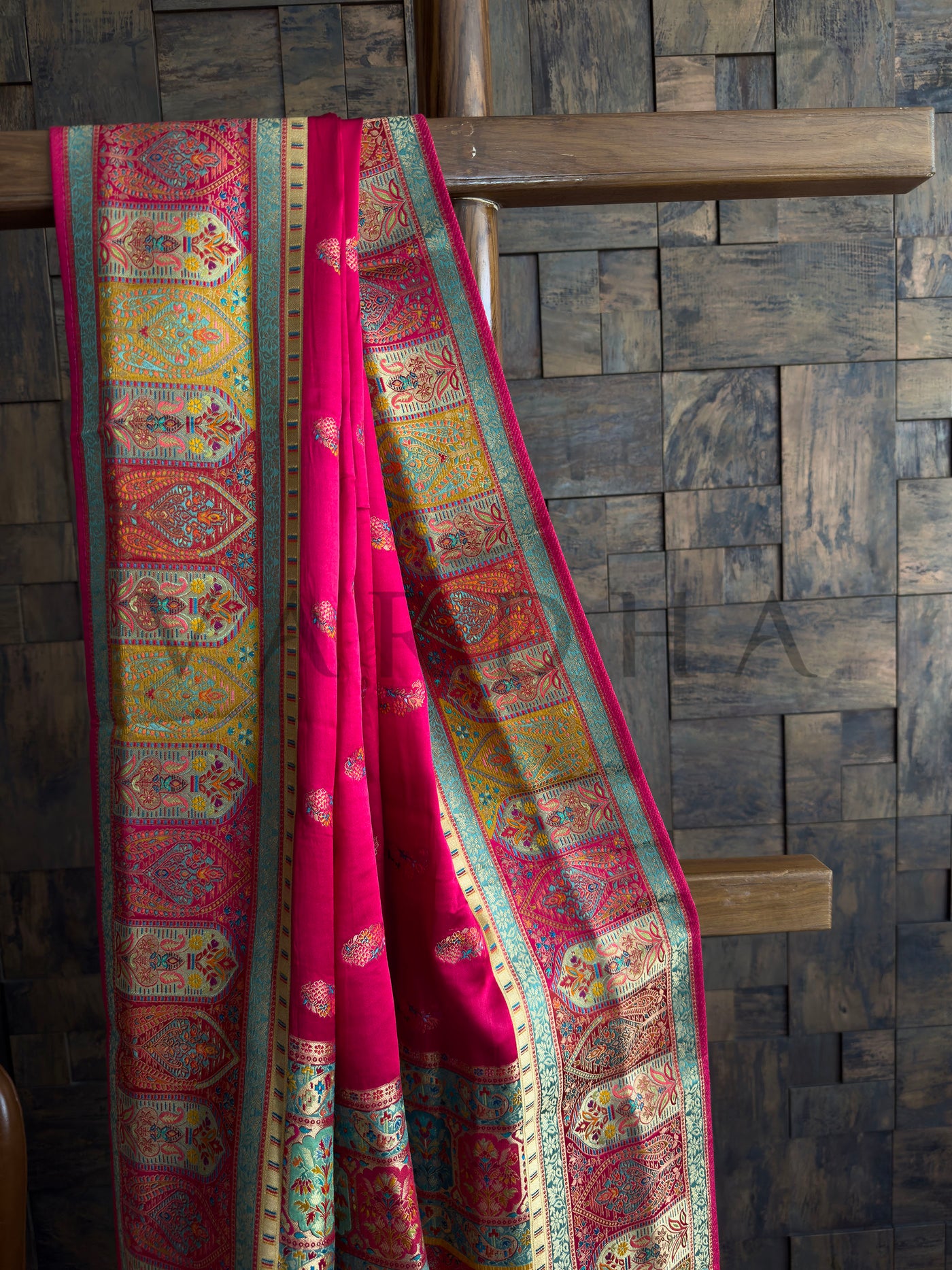 Woven Multicolor Diamond Panel Border on Rani Pink Satin Silk Saree

