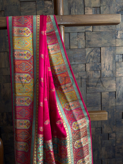 Woven Multicolor Diamond Panel Border on Rani Pink Satin Silk Saree


