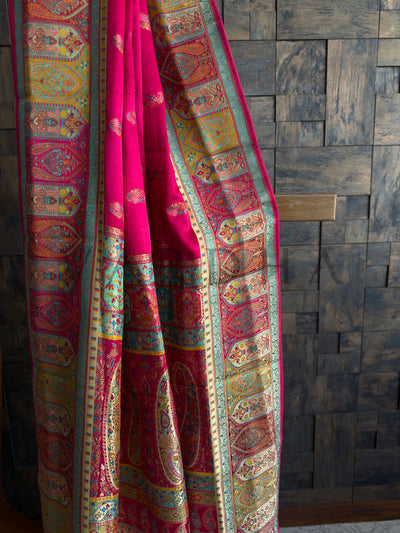 Rani Pink Banarasi Saree with Multicolor Meenakari Border and Paisley Brocade

