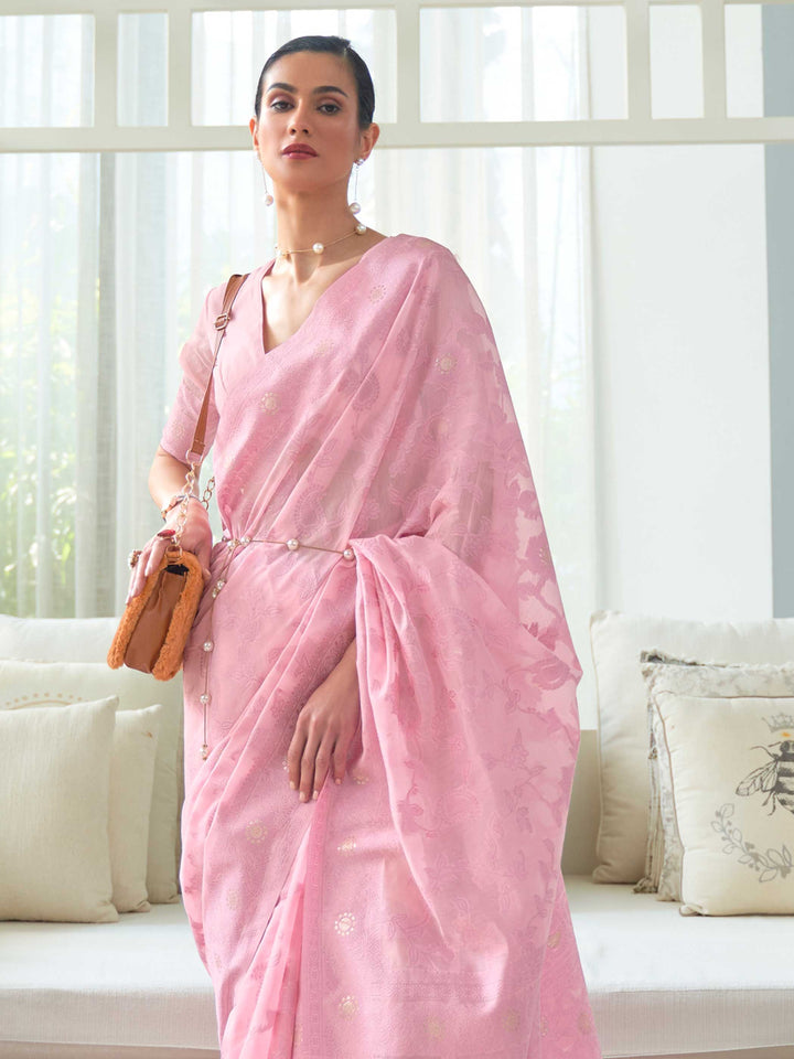 Traditional Pink Chikankari Weaving Saree in Soft Silk Fabric, designed for Bridesmaids and Cultural Festivities.

