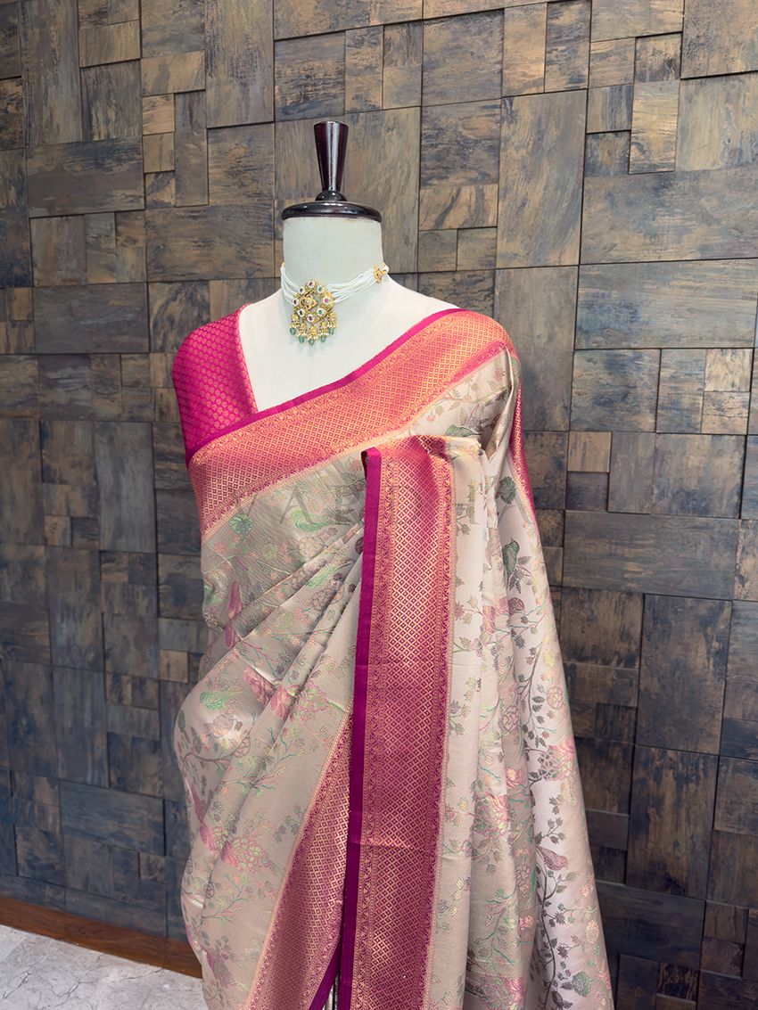 Cream Wine Woven Kalamkari Art Silk Traditional Saree with Zari Work
