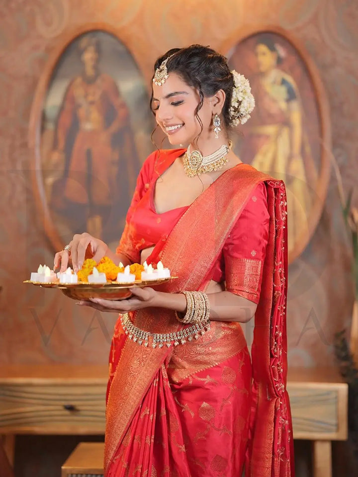 Posh Red Banarasi Satin Silk House of Vardha