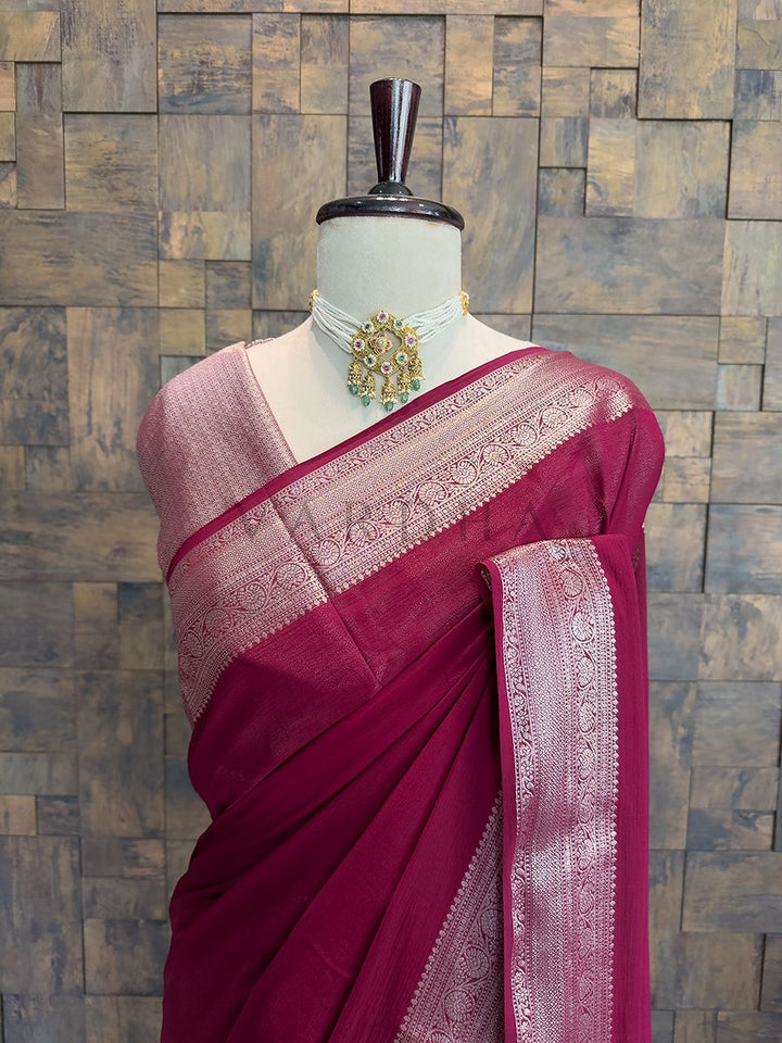 Wine Georgette Feather Soft Saree with Gold Zari Work