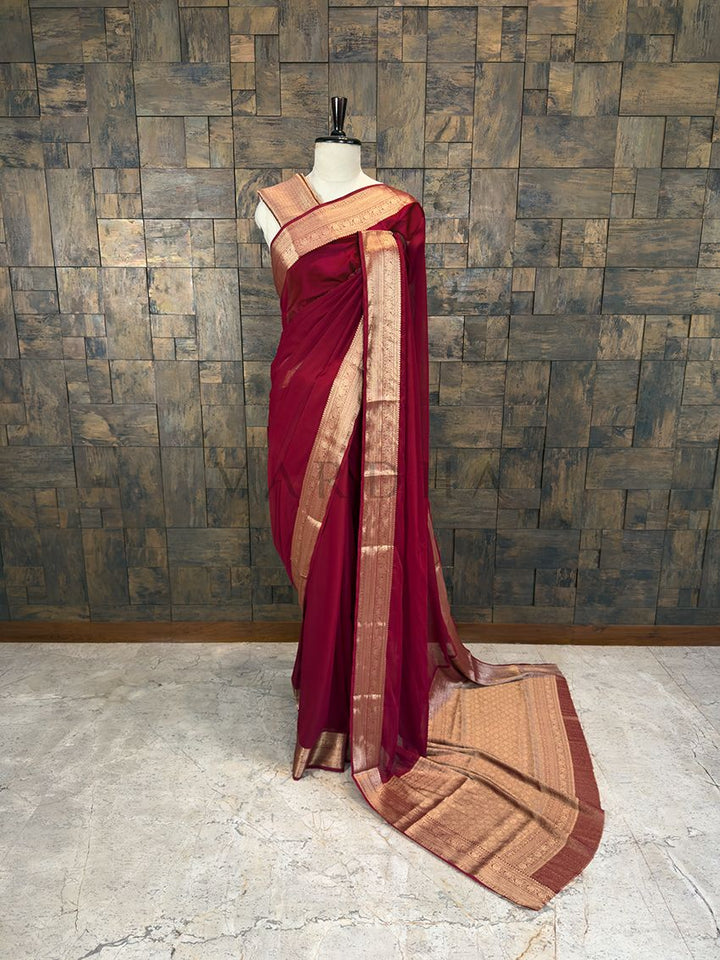 Maroon Georgette Feather Soft Saree with Gold Zari Work
