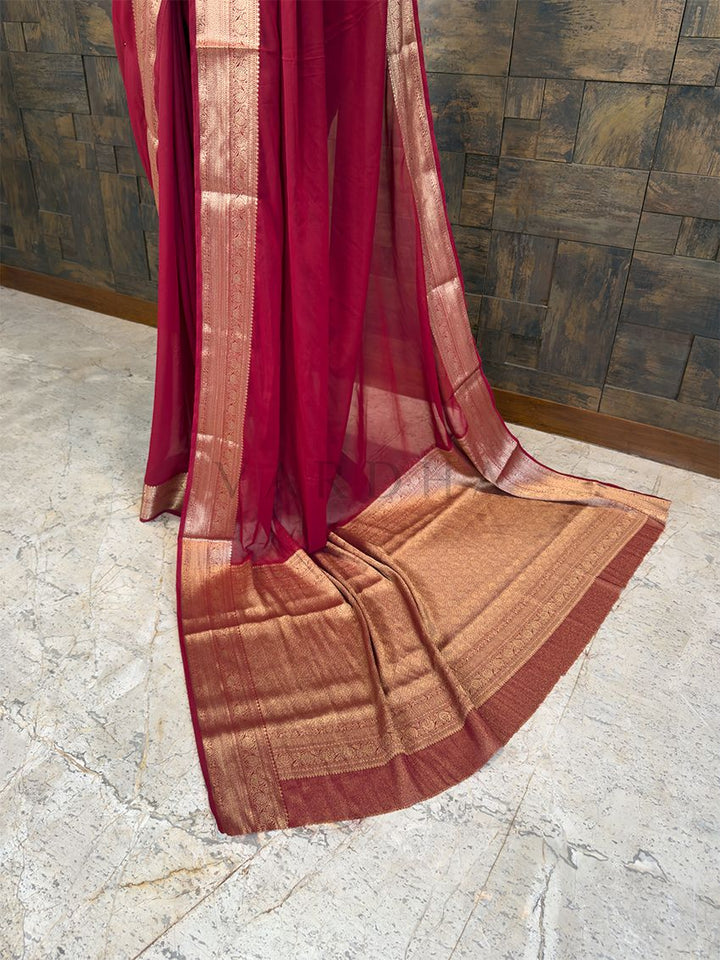 Maroon Georgette Feather Soft Saree with Gold Zari Work