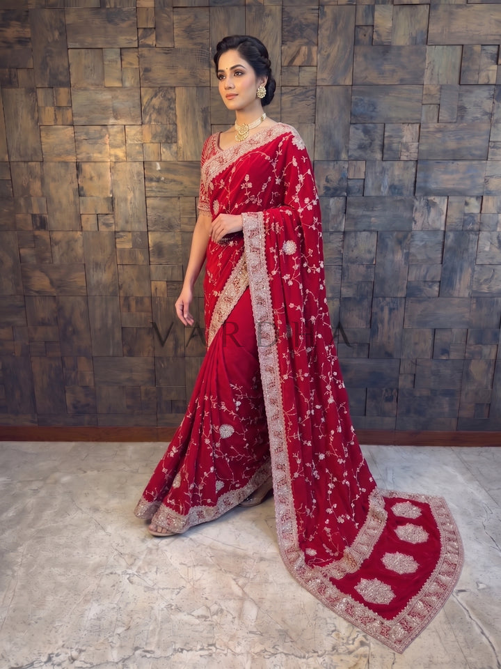 Red Satin Crepe Saree with Silver Cutdana &amp; Floral Zircon Handwork