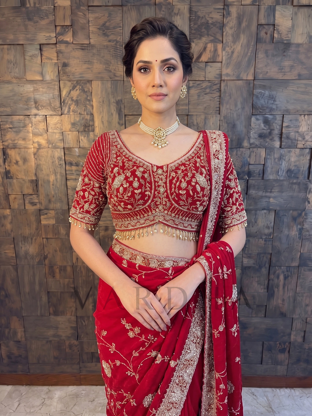 Red Satin Crepe Saree with Silver Cutdana &amp; Floral Zircon Handwork