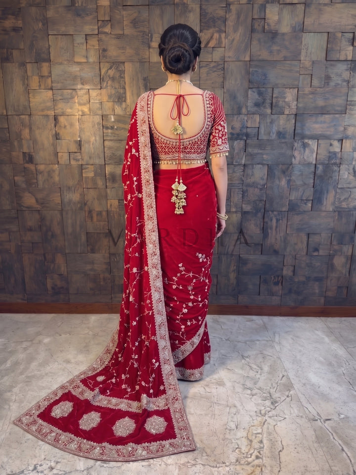Red Satin Crepe Saree with Silver Cutdana &amp; Floral Zircon Handwork