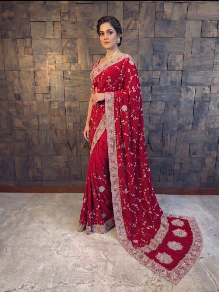 Red Satin Crepe Saree with Silver Cutdana &amp; Floral Zircon Handwork