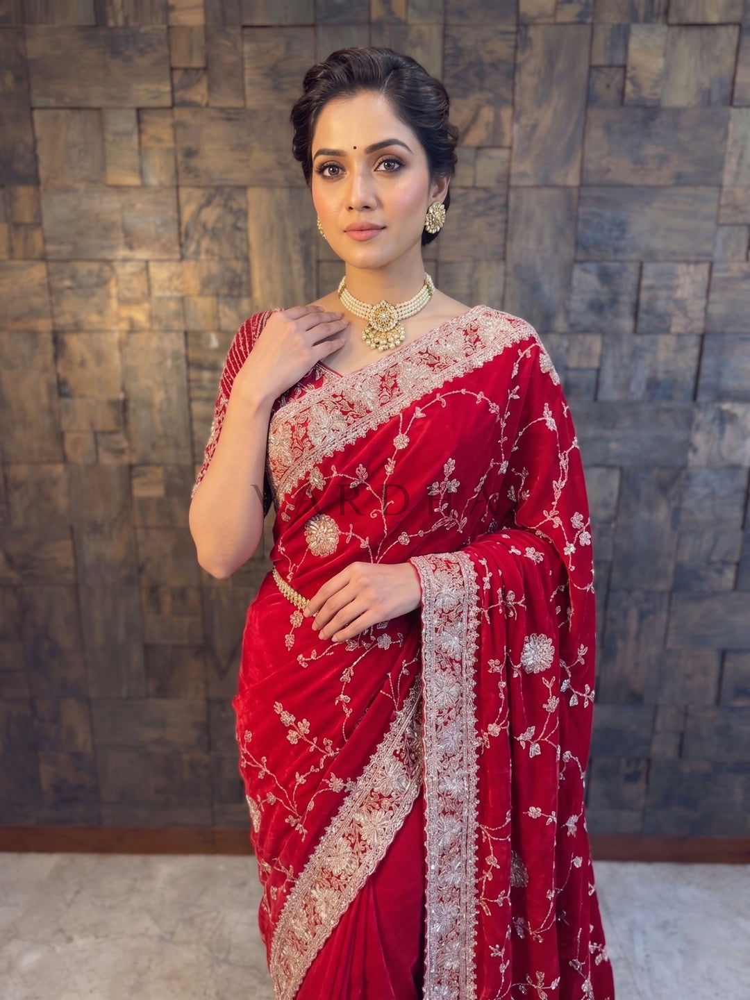 Red Satin Crepe Saree with Silver Cutdana &amp; Floral Zircon Handwork