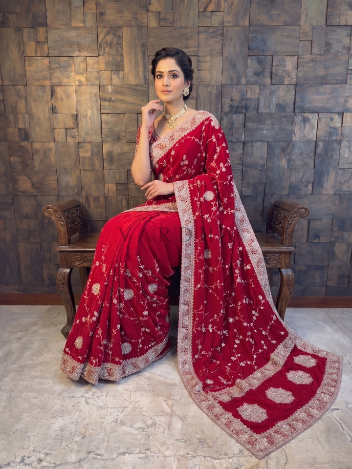 Red Satin Crepe Saree with Silver Cutdana &amp; Floral Zircon Handwork