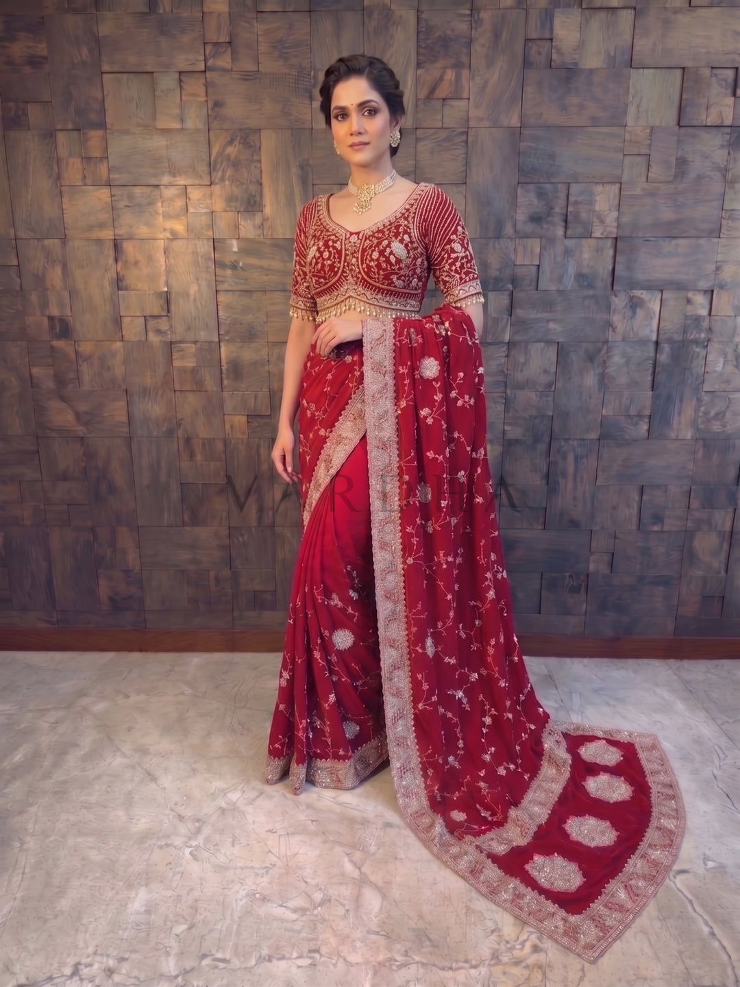 Red Satin Crepe Saree with Silver Cutdana &amp; Floral Zircon Handwork
