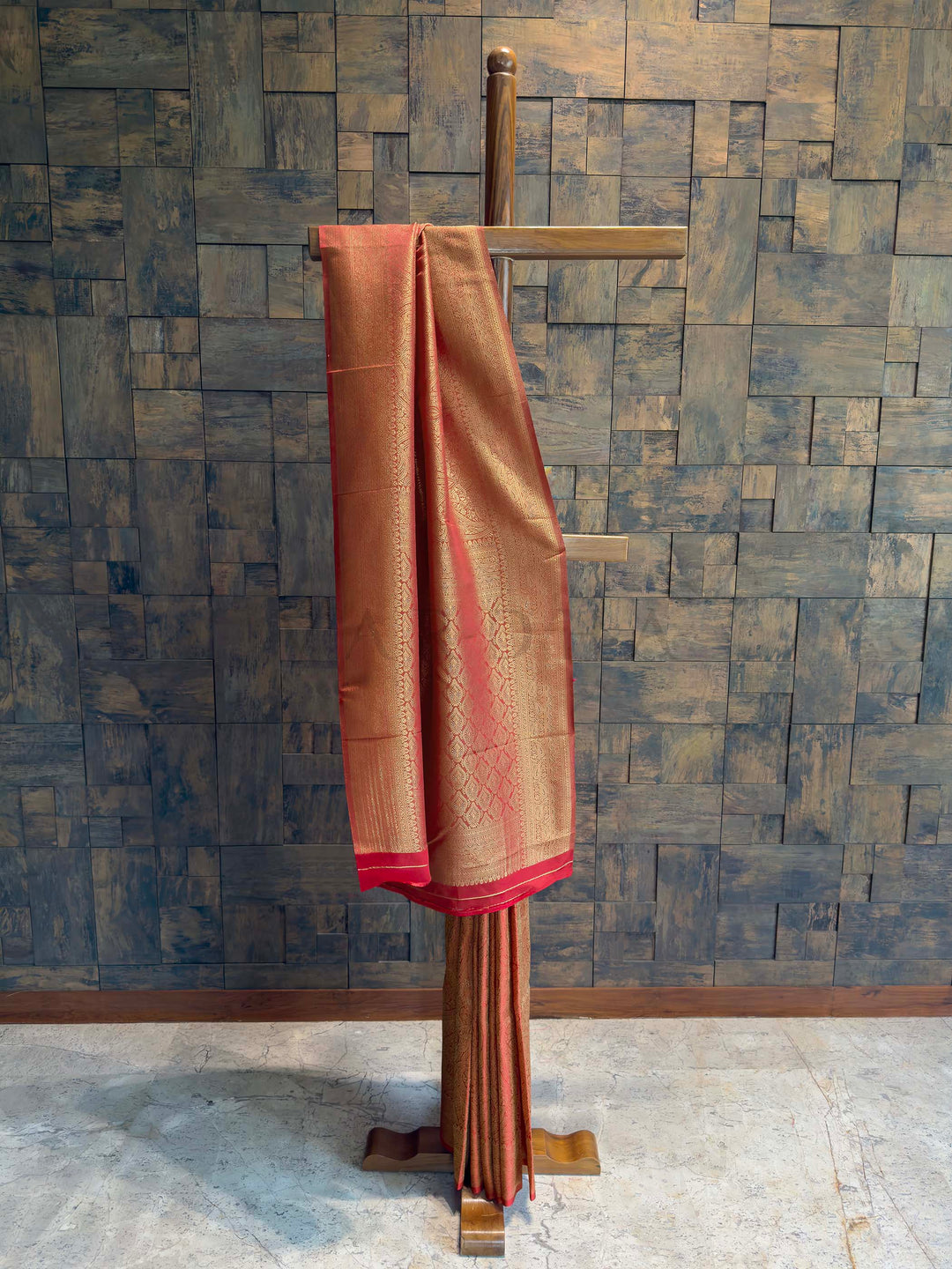 Red Golden Zari Kanjivaram Silk Saree House of Vardha. House of Vardha Traditional Crimson Saree in Silk with Gold Zari Pallu and Detailed Weaving, Ethnic Wear