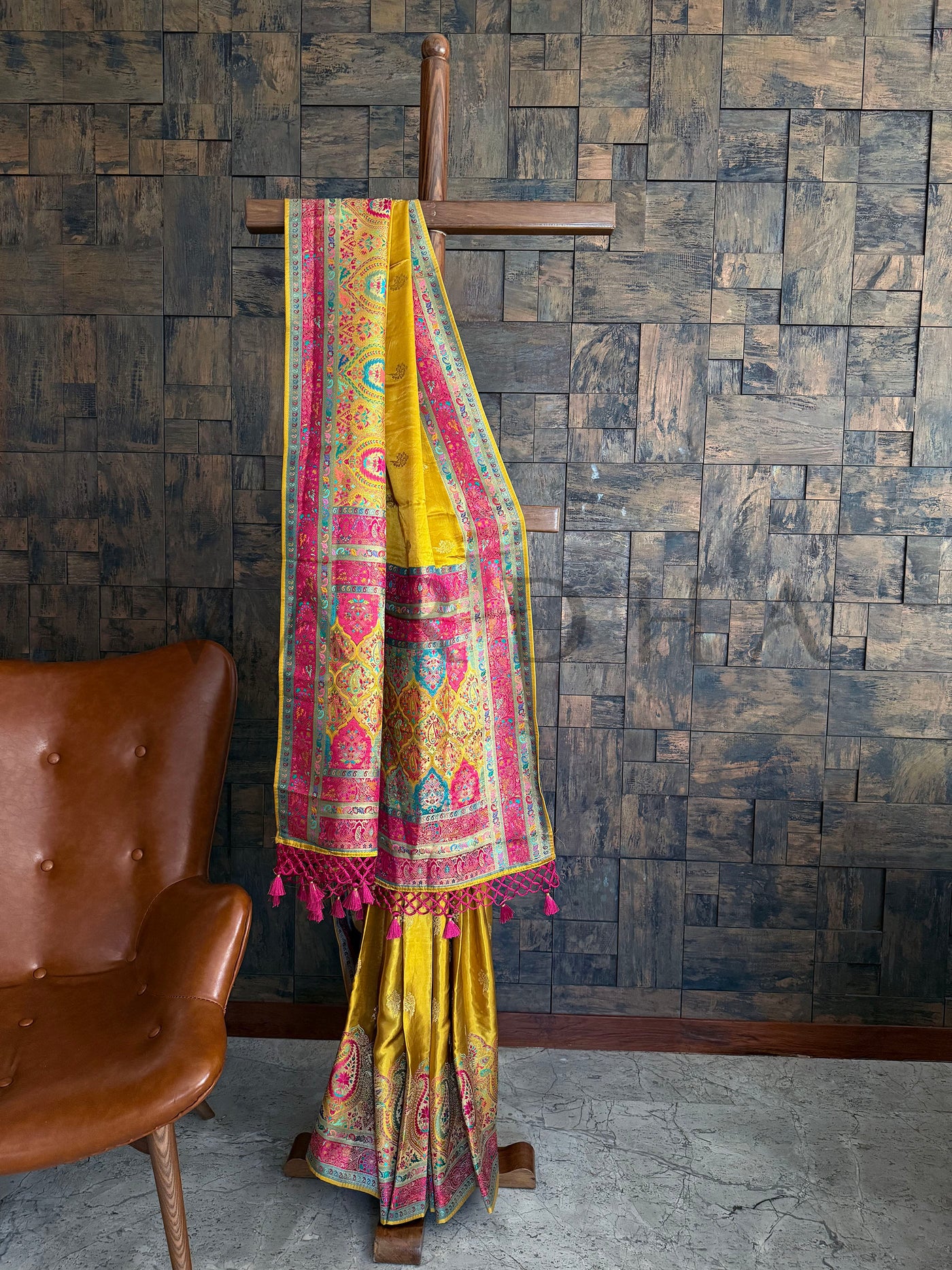 Mustard Yellow Banarasi Saree with Pink Zari Meenakari Pallu and Antique Brocade Detailing