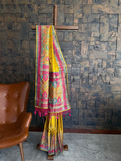 Mustard Yellow Banarasi Saree with Pink Zari Meenakari Pallu and Antique Brocade Detailing