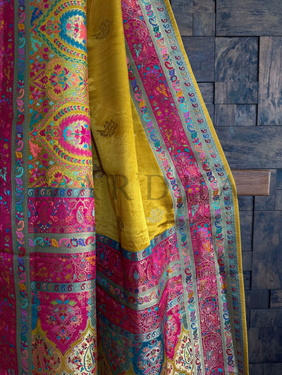 Close-up of Woven Banarasi Pallu with Blue and Pink Floral Motifs and Traditional Paisley Design