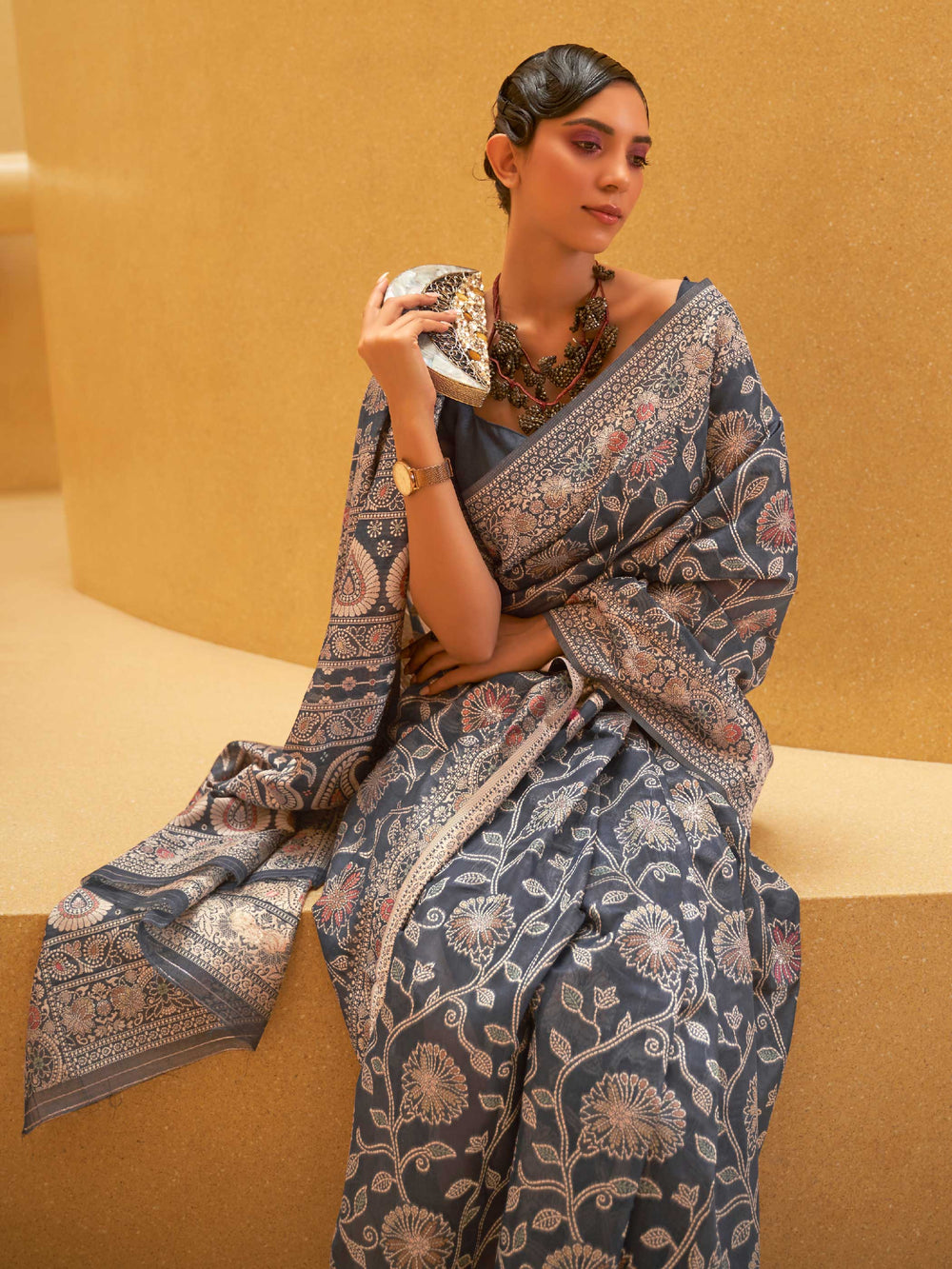 Rich Grey Lucknowi Chikankari Weaving Saree at House of Vardha. A beautifully handwoven saree featuring exquisite Chikankari work, perfect for weddings and grand celebrations.