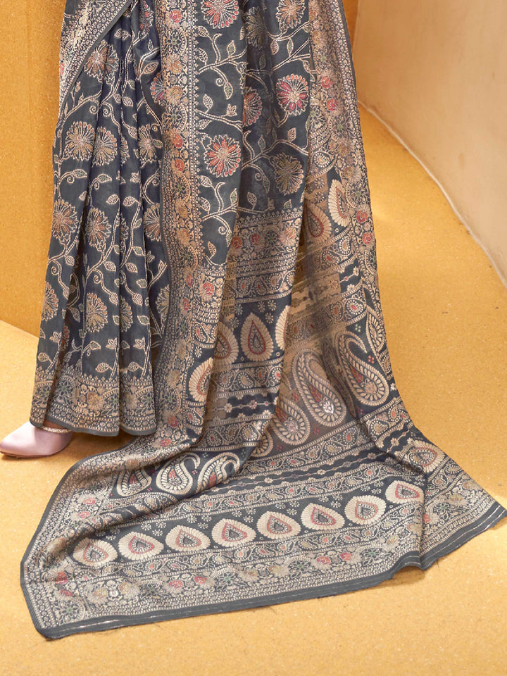 Rich Grey Saree, Lucknowi Chikankari Saree, Wedding Saree, Chikankari Weaving Saree, Designer Saree, Bridal Saree, Evening Wear Saree, Luxury Saree, Indian Traditional Saree, Ethnic Saree
