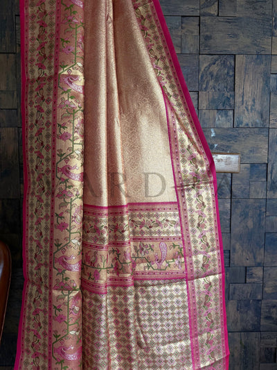 Close-Up of Pallu Featuring Dual Zari Bird Motifs and Traditional Grid Patterns