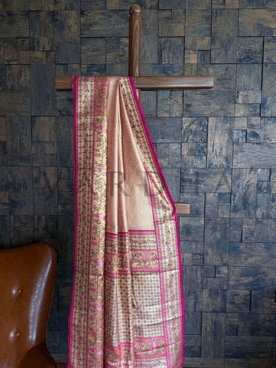 Draped Kanjivaram-Style Saree with Glossy Finish and Parrot Motif Border