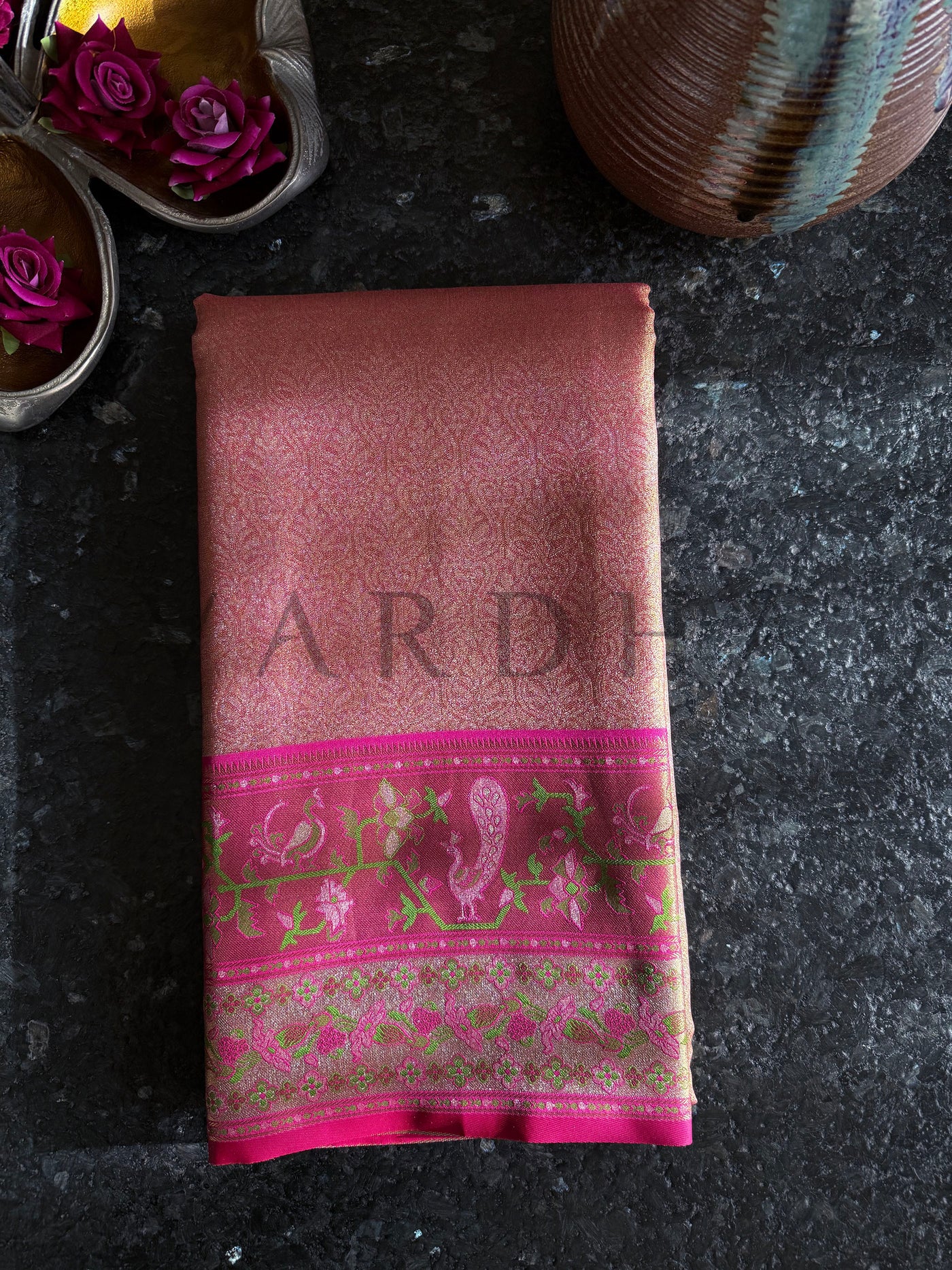 Folded View of Rose-Gold Zari Saree with Magenta Bird & Floral Woven Design
