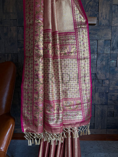 Rose Gold Kanjivaram Art Silk Saree with Potala Pattern Border and Knotted Tassels