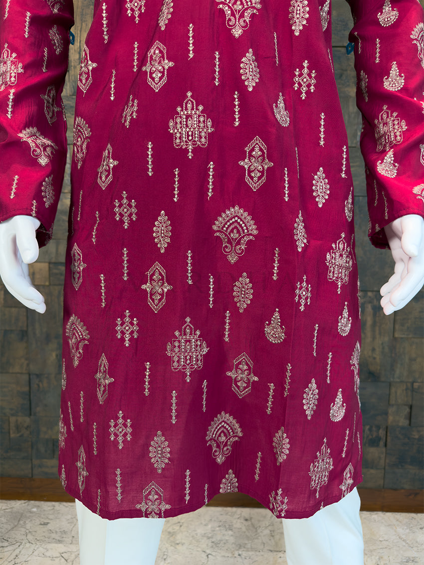 Rani-Pink Art Silk Embroidery Kurta with Gold Zari Paisley