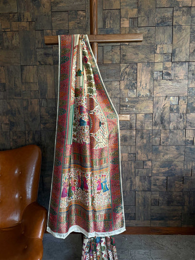 Off-White Banarasi Katan Silk Saree | Darbari Style with Traditional Kalamkari Zari Work