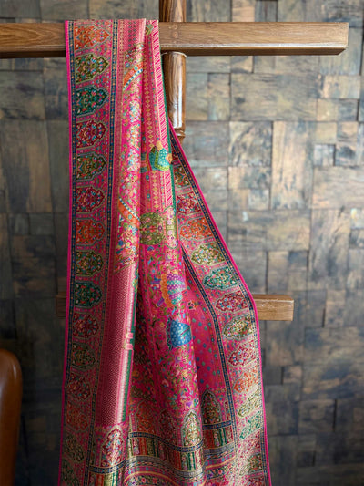 Pink Banarasi Katan Silk Saree | Darbari Style with Traditional Kalamkari Zari Work